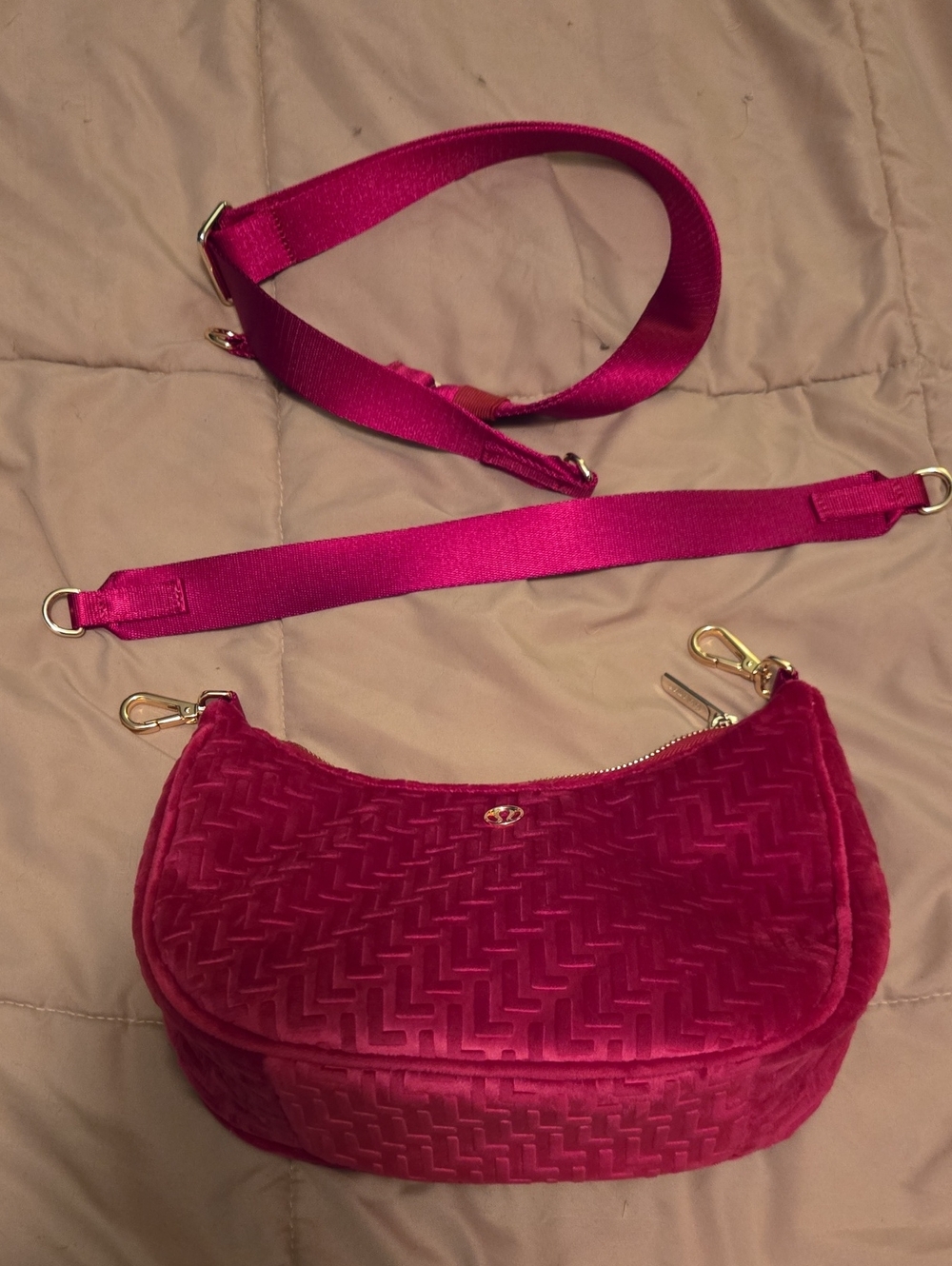 Lululemon Women's Fuchsia Velvet Crossbody Bag with Adjustable Strap